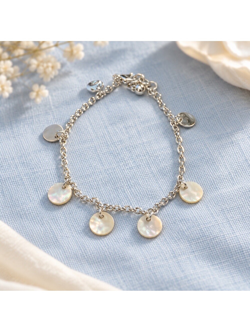 Silver Tone Charm Bracelet with 4 Mother of Pearl Disc Dangles